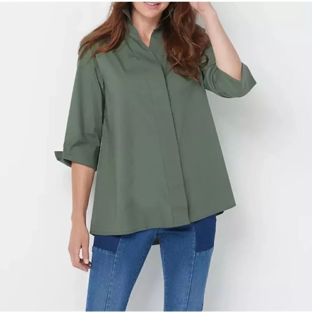 Martha Stewart Stretch Poplin Button Front 3/4-Sleeve Hi Low Top